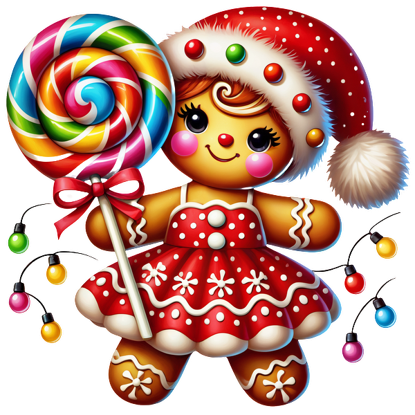 This cheerful gingerbread girl in a festive red dress and Santa hat holds a vibrant lollipop, embodying holiday spirit.DTF Transfers