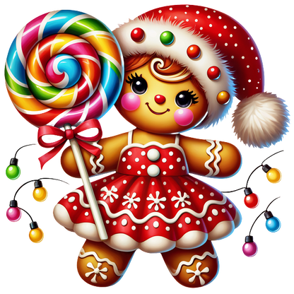 A cheerful gingerbread girl in a festive red dress and Santa hat, holding a colorful lollipop.DTF Transfers dtf transfers