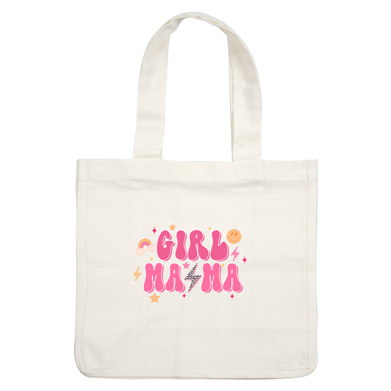 Un diseño vibrante y divertido que presenta "GIRL MAMA" en llamativas letras rosas, acentuadas con íconos divertidos como arcoíris, estrellas y rayos.