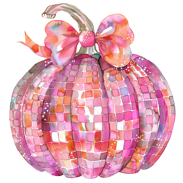 A whimsical, colorful watercolor pumpkin adorned with a vibrant bow, showcasing a beautiful mosaic of pink and orange hues.dtf regular iron