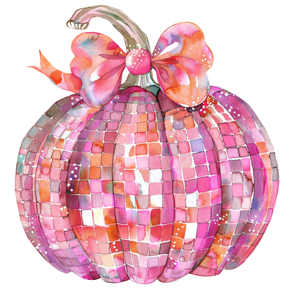 A whimsical, colorful watercolor pumpkin adorned with a vibrant bow, showcasing a beautiful mosaic of pink and orange hues.dtf regular iron