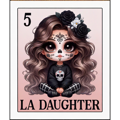 Una ilustración caprichosa de una niña con maquillaje del día de muertos, vistiendo un suéter de calavera y adornada con flores.