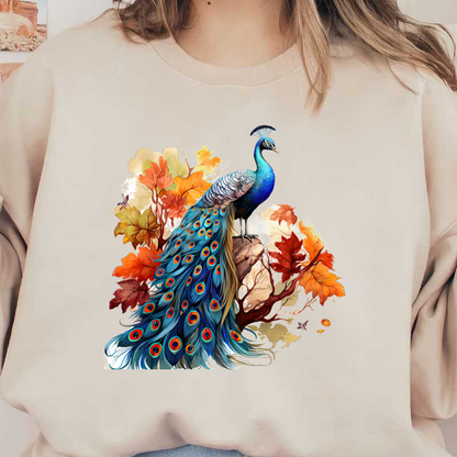 A vibrant peacock stands majestically on a rock, surrounded by colorful autumn leaves. dtf transfers