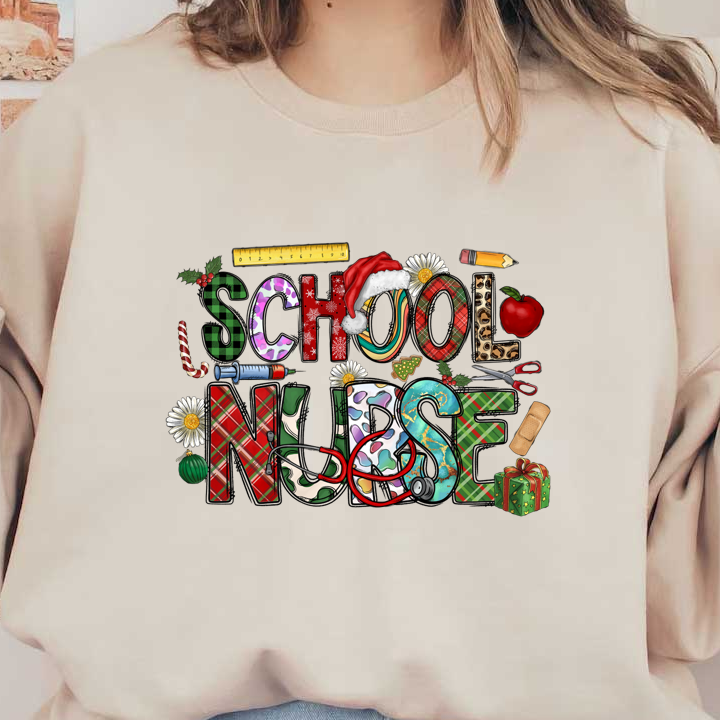 Colorful and festive "School Nurse" design featuring playful letters and school-related icons, perfect for celebrating health and education!DTF Transfersdtf regular iron