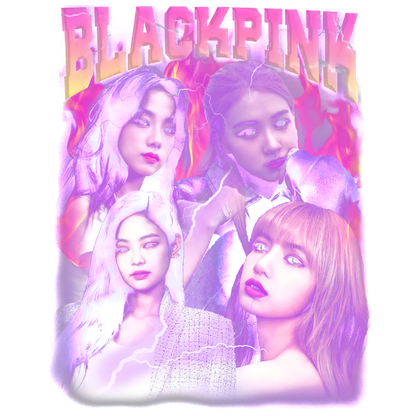 A vibrant graphic featuring the members of BLACKPINK against a colorful, fiery background, highlighting their individual styles and personalities.DTF Transfersdtf regular iron