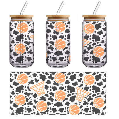 A lively illustration featuring orange basketballs and basketball hoops, perfect for sports-themed designs or decor.UV Transfersdtf regular iron