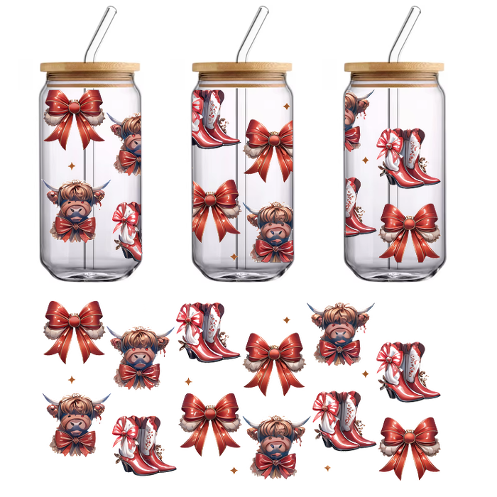 A whimsical collection featuring cute bull-themed designs, stylish red boots, and vibrant bows, perfect for festive decorations or illustrations.UV Transfers dtf prints