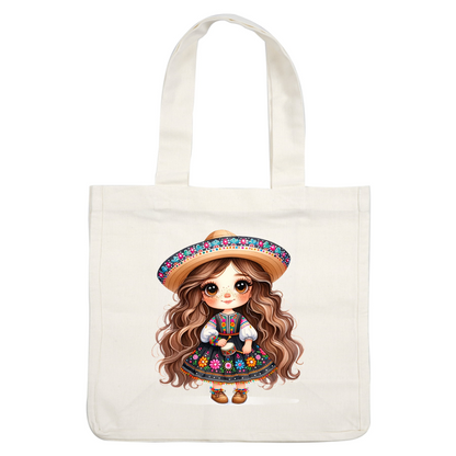 A playful cartoon girl in a colorful traditional dress and sombrero, holding a small drum, radiating cheerful vibes. heat press transfers