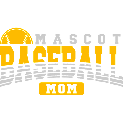 A vibrant graphic showcasing "Mascot Baseball Mom," featuring a softball design and bold lettering in yellow and gray.DTF Transfers dtf prints