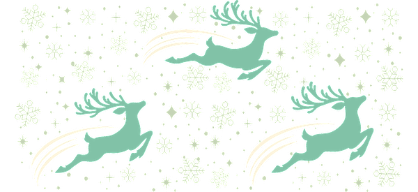 A whimsical pattern featuring leaping teal reindeer amidst a backdrop of snowflakes and geometric shapes, perfect for festive designs.UV Transfers heat press transfers