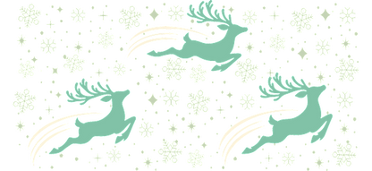A whimsical pattern featuring leaping teal reindeer amidst a backdrop of snowflakes and geometric shapes, perfect for festive designs.UV Transfers heat press transfers