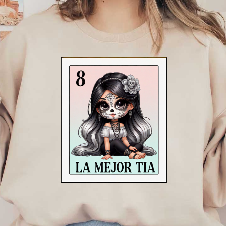 Esta encantadora ilustración presenta un personaje lindo y estilizado con un diseño de calavera de azúcar, en honor a "La Mejor Tía" con detalles intrincados.