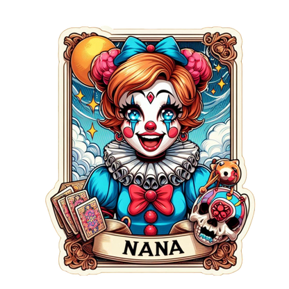 A vibrant clown illustration named "Nana," featuring playful card imagery, a skull, and a cheerful, whimsical expression.dtf regular iron