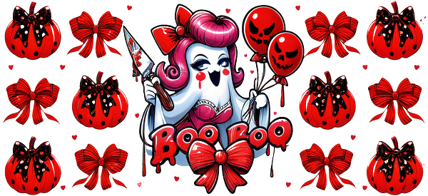 A playful Halloween-themed illustration featuring a ghostly character with pink hair, holding balloons and surrounded by red bows and pumpkins.UV Transfers heat press transfers