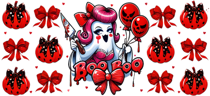A playful Halloween-themed illustration featuring a ghostly character with pink hair, holding balloons and surrounded by red bows and pumpkins.UV Transfers heat press transfers