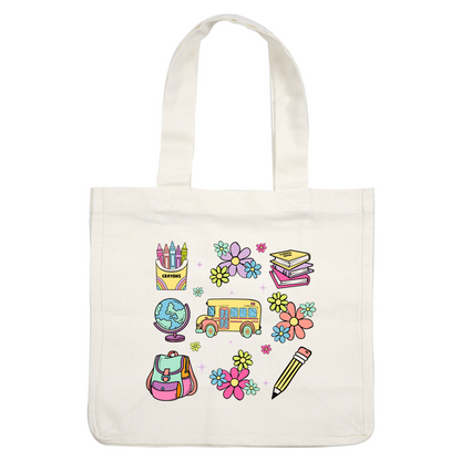 A vibrant school-themed illustration featuring crayons, a globe, books, a yellow school bus, a backpack, flowers, and a pencil.DTF Transfers