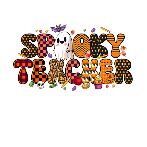 Celebrate the season with this vibrant "Spooky Teacher" design, featuring playful Halloween imagery and festive colors. dtf transfers