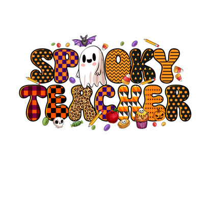 Celebrate the season with this vibrant "Spooky Teacher" design, featuring playful Halloween imagery and festive colors. dtf transfers