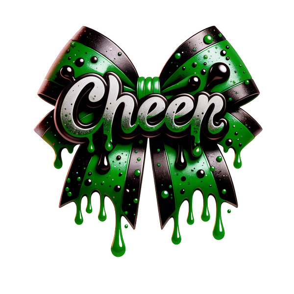 A vibrant green and black bow with a glossy finish, featuring the playful word "Cheer" in a stylish font.DTF Transfers dtf transfers