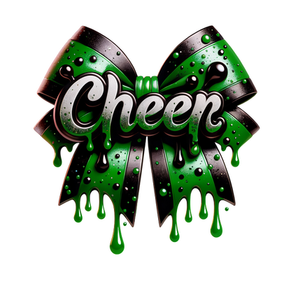 A vibrant green and black bow with a glossy finish, featuring the playful word "Cheer" in a stylish font.DTF Transfers dtf transfers