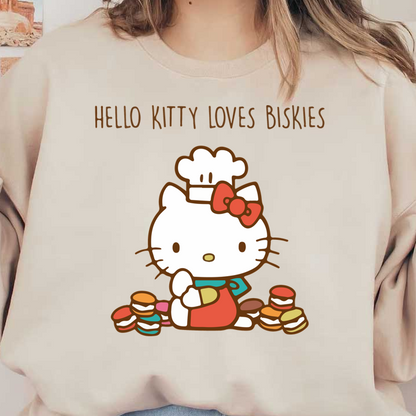 Hello Kitty, dressed as a chef with a playful apron and chef hat, joyfully holds a biscuit while surrounded by colorful treats.DTF Transfers