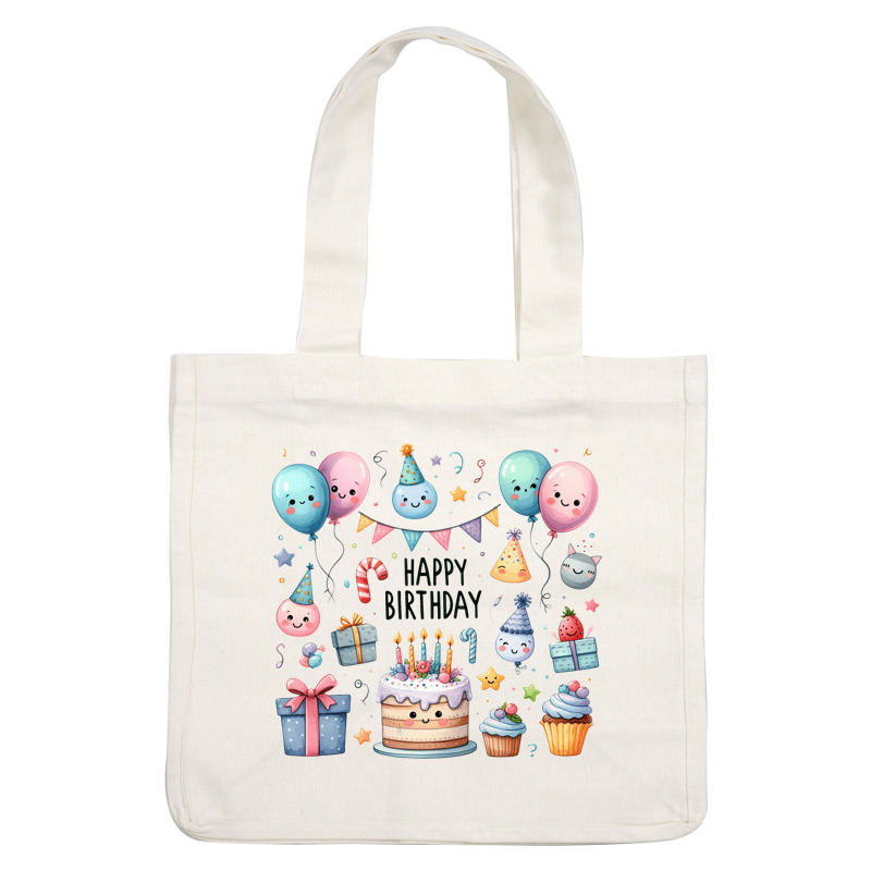 Celebrate in style with this cheerful birthday-themed illustration featuring balloons, a cake with candles, and festive gifts!DTF Transfers
