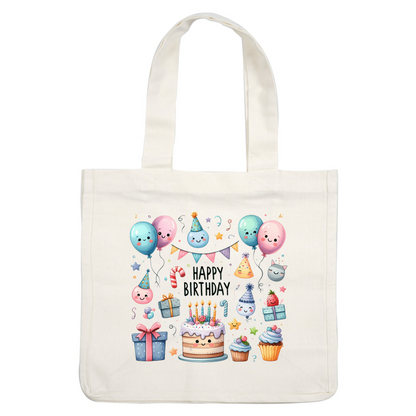 Celebrate in style with this cheerful birthday-themed illustration featuring balloons, a cake with candles, and festive gifts!DTF Transfers