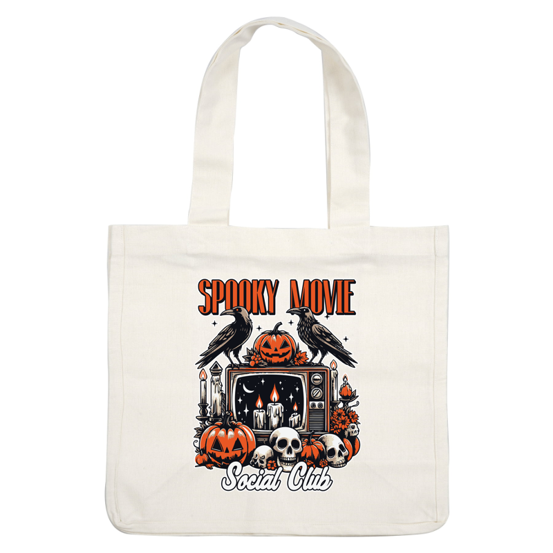 Únase al "Spooky Movie Social Club" con un diseño vibrante que incluye calabazas, calaveras, cuervos y un televisor antiguo rodeado de velas.