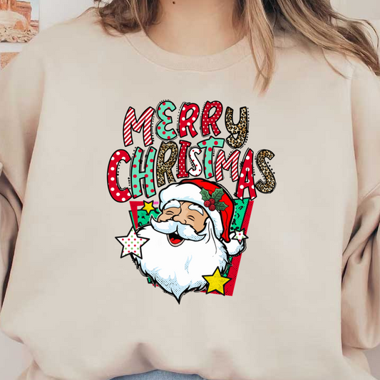 Joyful Santa graphic with a cheerful smile and festive "Merry Christmas" text, adorned with colorful stars and vibrant patterns. dtf transfers