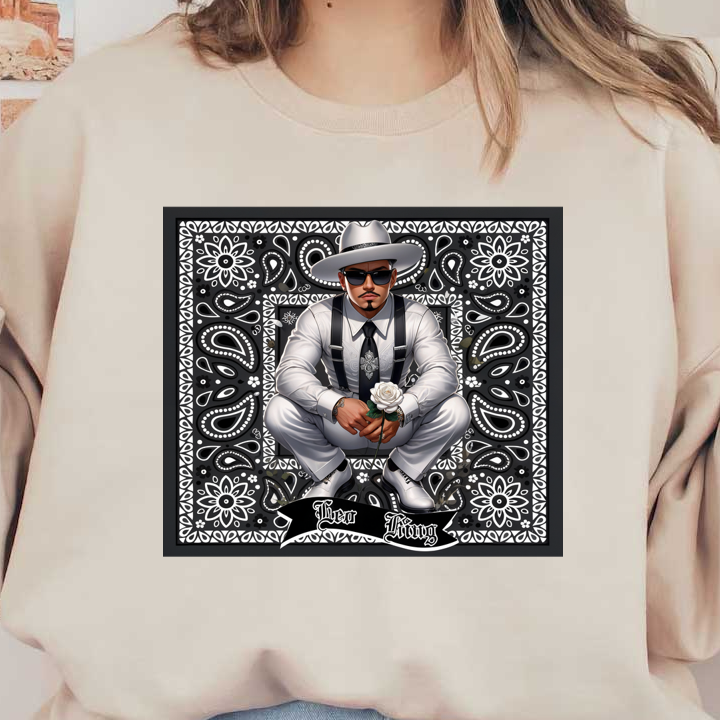 Una elegante ilustración de un hombre con traje blanco y sombrero, sosteniendo una rosa blanca sobre un atrevido fondo estampado en blanco y negro.