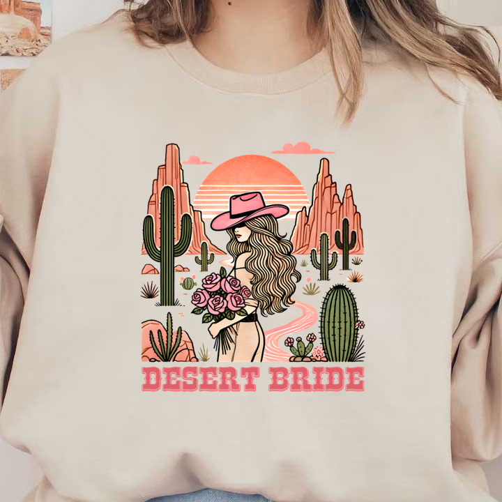 Una elegante ilustración con temática del desierto que presenta a una novia con rosas, vestida de manera minimalista, con paisajes desérticos y cactus como fondo.