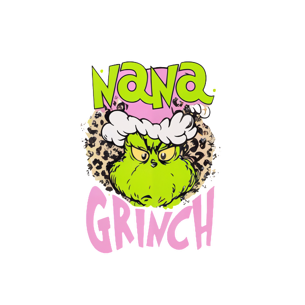 Playful Nana Grinch design featuring a stylishly green Grinch with a leopard print background, perfect for holiday spirit!DTF Transfers dtf prints