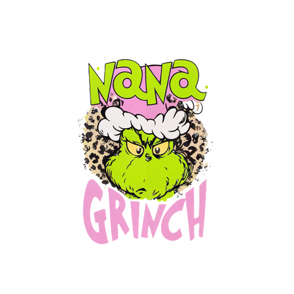 Playful Nana Grinch design featuring a stylishly green Grinch with a leopard print background, perfect for holiday spirit!DTF Transfers dtf prints