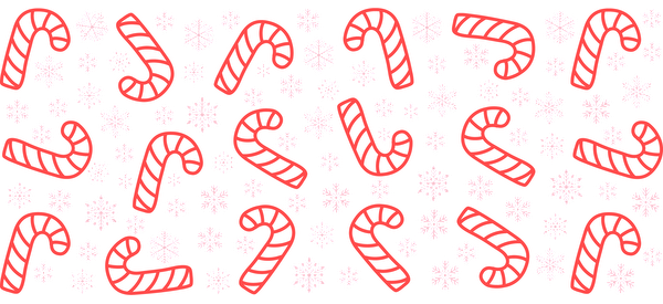 A cheerful pattern featuring red candy canes and white snowflakes, perfect for adding a festive touch to holiday decor.UV Transfersdtf regular iron