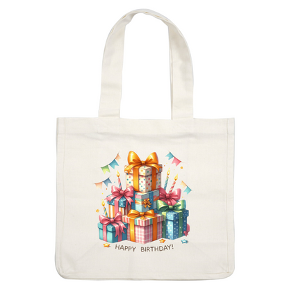 A cheerful stack of colorful birthday presents adorned with bows and candles, celebrating with "Happy Birthday!" at the base.DTF Transfers