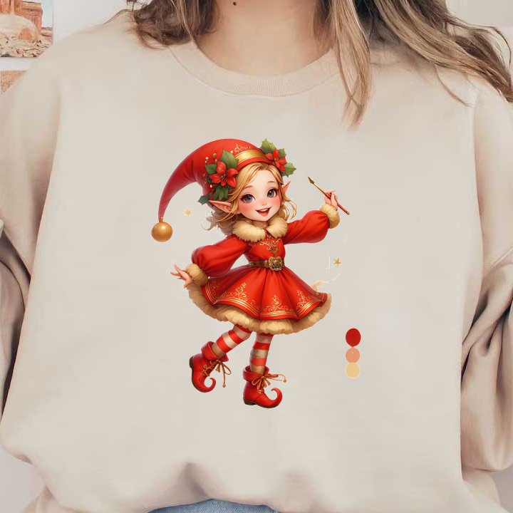 A cheerful elf girl in a festive red dress adorned with gold accents, complete with a whimsical hat and striped stockings.DTF Transfers dtf prints