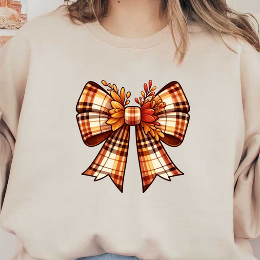 A charming plaid bow in warm autumn colors, adorned with cheerful leaves and flowers, perfect for seasonal decorations. dtf transfers
