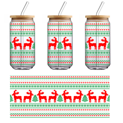 A festive pattern featuring red reindeer and green trees, perfect for holiday decorations or seasonal apparel.UV Transfers dtf transfers