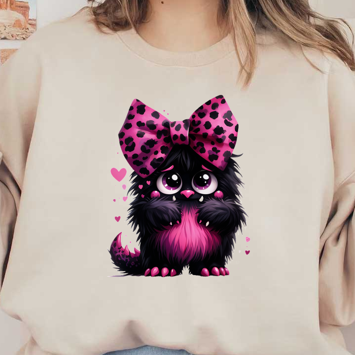 ¡Esta adorable criatura negra presenta un lazo con estampado de leopardo rosa brillante, ojos grandes y expresivos y un diseño esponjoso que irradia ternura!