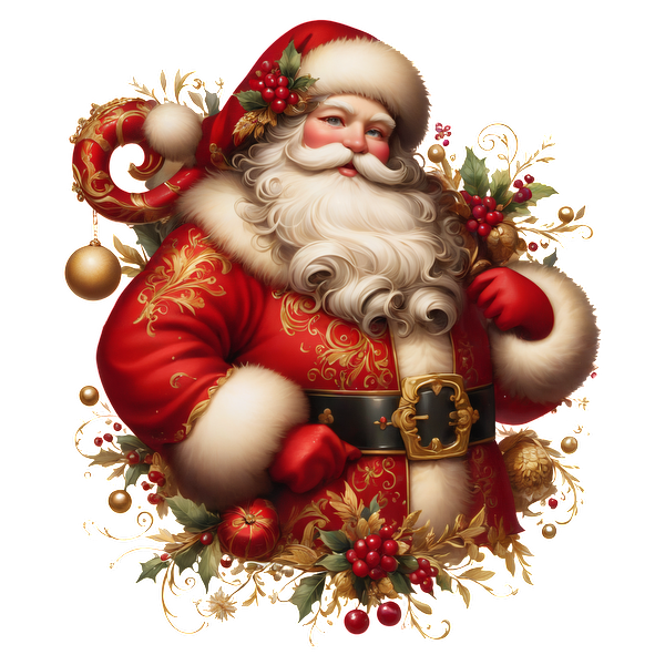 A jolly Santa Claus, dressed in a vibrant red outfit adorned with gold accents, surrounded by festive holiday decorations.dtf regular iron