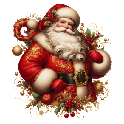 A jolly Santa Claus, dressed in a vibrant red outfit adorned with gold accents, surrounded by festive holiday decorations.dtf regular iron