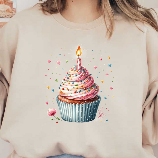 A deliciously decorated cupcake topped with swirls of pink frosting, colorful sprinkles, and a candle, surrounded by playful stars.DTF Transfers