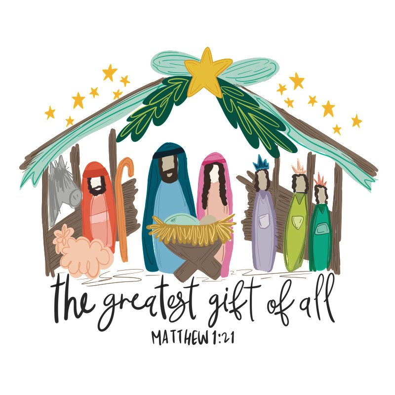 A colorful nativity illustration featuring Mary, Joseph, and various figures around a manger, topped with a shining star.DTF Transfers dtf transfers