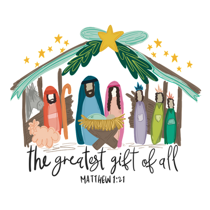 A colorful nativity illustration featuring Mary, Joseph, and various figures around a manger, topped with a shining star.DTF Transfers dtf transfers