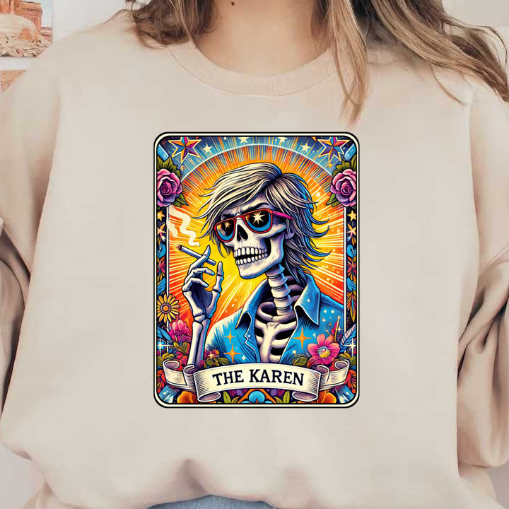 A vibrant, artistic depiction of a skeleton wearing sunglasses and a blue shirt, adorned with flowers and a colorful background. dtf prints