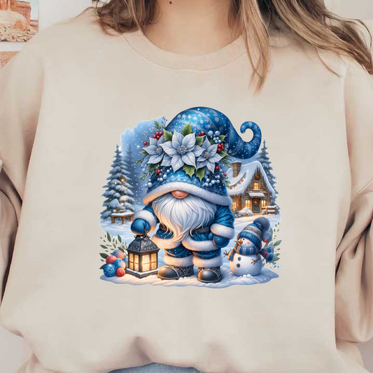 A festive winter gnome in a blue coat and hat adorned with flowers holds a lantern beside a cheerful snowman.DTF Transfers dtf transfers