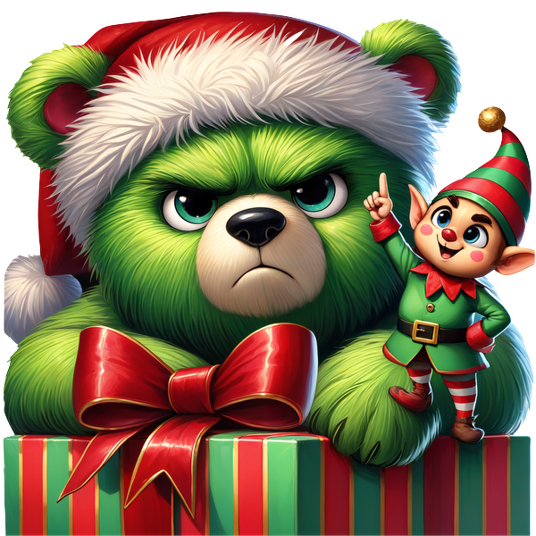 An adorable, green teddy bear wearing a Santa hat scowls beside a happy little elf, all set against Christmas gifts.DTF Transfersdtf regular iron