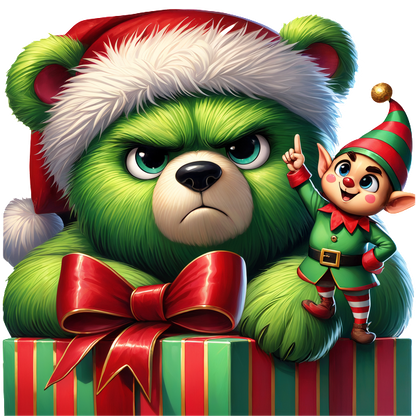 An adorable, green teddy bear wearing a Santa hat scowls beside a happy little elf, all set against Christmas gifts.DTF Transfersdtf regular iron