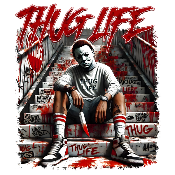 Una impactante ilustración presenta a un personaje con una camiseta de "THUG LIFE", sosteniendo un cuchillo, sentado en unas escaleras cubiertas de grafitis.