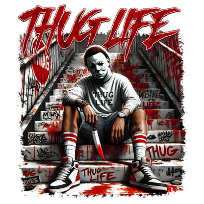 Una impactante ilustración presenta a un personaje con una camiseta de "THUG LIFE", sosteniendo un cuchillo, sentado en unas escaleras cubiertas de grafitis.